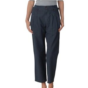 Sundance Navy Blue Checked High-Waist Pleated Trousers